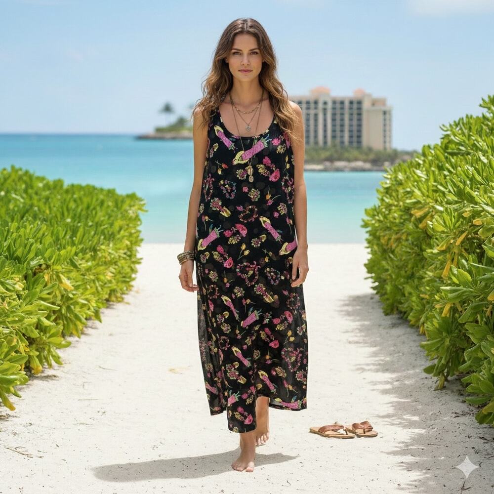 Vintage Impressions Black Floral Novelty Graphic Sleeveless Maxi Dress Medium
